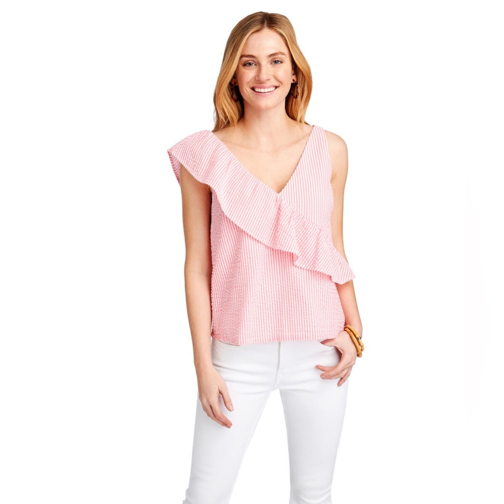 Vineyard Vines Seersucker Tank Top Blouse Coral Pink White Striped Ruffle